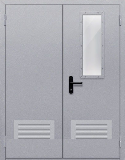 Противопожарная двупольная дверь с прямоугольным стеклом ДПМ 02 EIW60 с решеткой